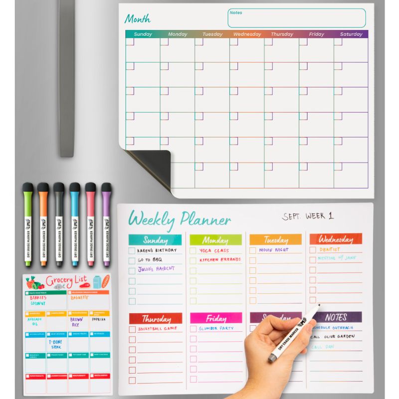 Photo 1 of Magnetic Calendar for Fridge Set of 3 17”x13” Fridge Calendar Dry Erase, Weekly Planner Magnetic Fridge to-do List Family Calendar | Includes 6 Dry Erase Pens by Mommy Marvel Horizontal