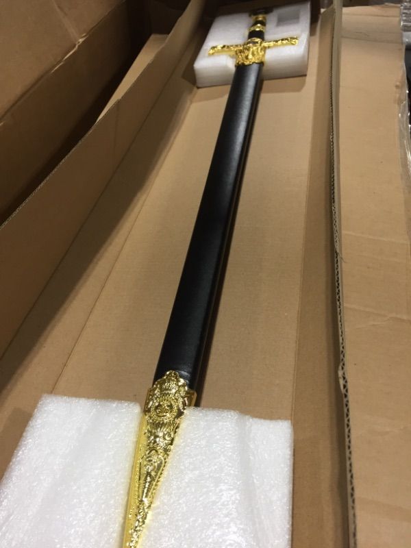 Photo 2 of K EXCLUSIVE Medieval Masonic Sword of Destiny with Black Scabbard - Stainless Steel Blade, Gold Handguard and Pommel, Masonic Symbols, Excellent Gift for a Mason - Length 29 1/2"