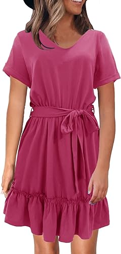 Photo 1 of Alaster Women's Summer T Shirt Dresses Short Roll Sleeve Flowy Swing Ruffle Dress Tie Waist with Pockets for Women SIZE X LARGE