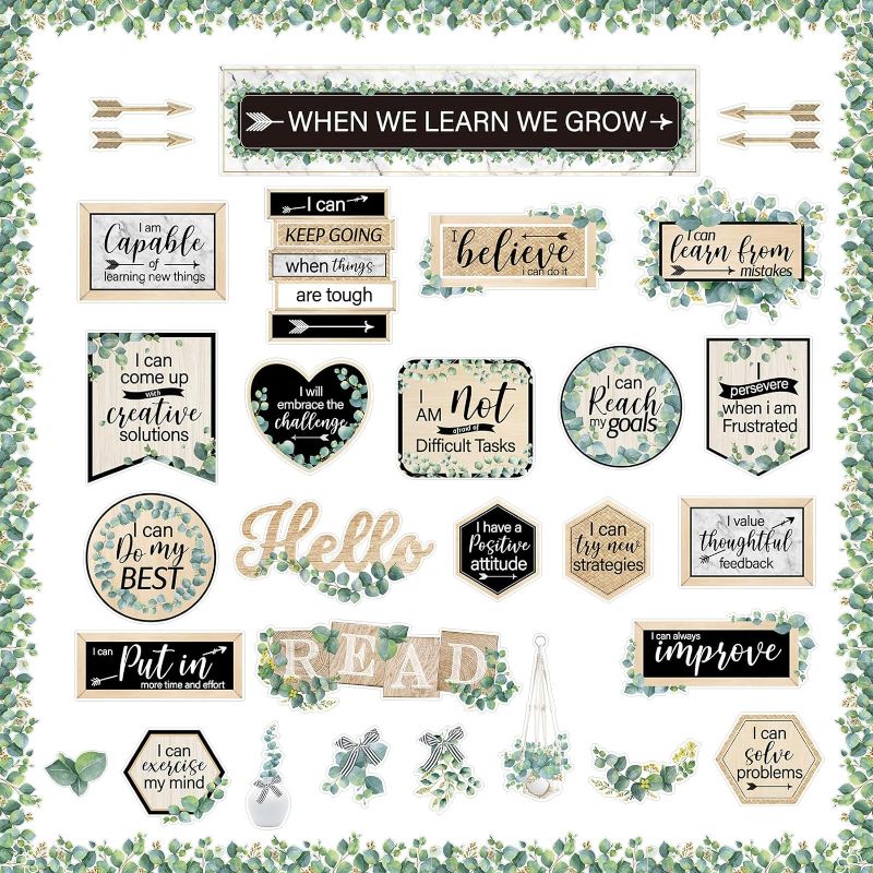 Photo 1 of 68 Pcs We Learn We Grow Classroom Bulletin Board Decorations Set Motivational Positive Sayings Posters Growth Mindset Wall Decor Eucalyptus Signs Accents for Teacher Student Middle High School