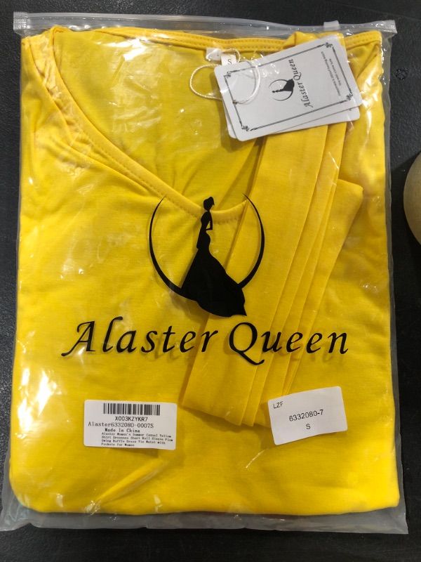 Photo 1 of (S) Alaster Women's Summer T Shirt Dresses Short Roll Sleeve Flowy Swing Ruffle Dress Tie Waist with Pockets for Women-Yellow