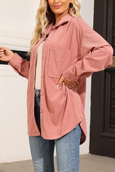 Photo 1 of (M)  Womens Corduroy Button-Up Shacket Collared Dropped Shoulder Long Sleeve White Pink