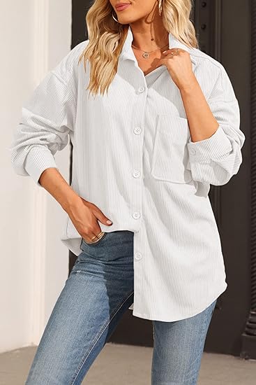 Photo 1 of (L)  Womens Corduroy Button-Up Shacket Collared Dropped Shoulder Long Sleeve White