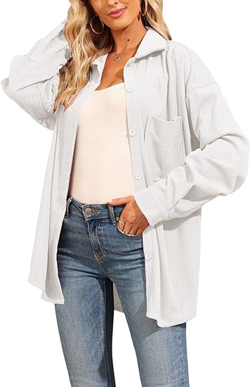 Photo 1 of (M)  Womens Corduroy Button-Up Shacket Collared Dropped Shoulder Long Sleeve White