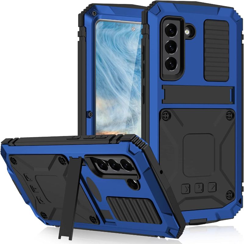 Photo 1 of Samsung S21 FE 5G Metal case with Kickstand Built-in Screen Protector Case Sturdy Military Armor Durable Full Body Heavy Duty Shockproof Drop Tested Outdoor case for Samsung S21 FE 5G (Blue)