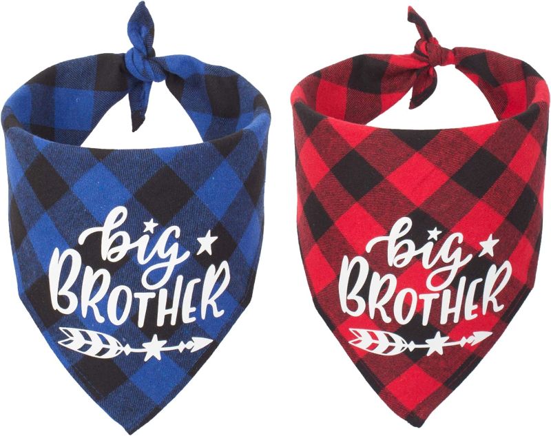 Photo 1 of 2 Pack Big Sister Brother Dog Bandana Buffalo Plaid Triangle Dog Scarf Pregnancy Announcement Bandana for Small Medium Large Dogs Pets (Big Brother)