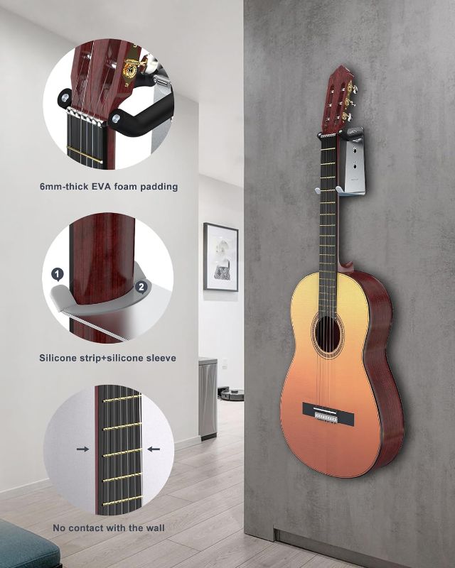 Photo 2 of MUSVOH Guitar Hanger Wall Mount Guitar Wall Mount 2 Pack - Durable and Stylish Made by Aluminum Alloy for Secure Guitar Display and Storage