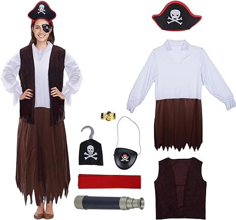 Photo 1 of cheerdecor Pirate Costume Halloween Party Pirate Costume Set Kids Women Dress Up Party Costumes with Hook Hat Blindfold 