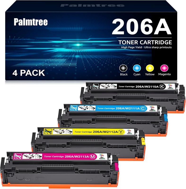 Photo 1 of Palmtree Compatible Toner Cartridges Replacement for HP 206A 206X W2110X W2110A for HP Color Pro MFP M283fdw M255dw M283cdw M283 M255 Toner Printer (Black Cyan Yellow Magenta,4 Pack)
