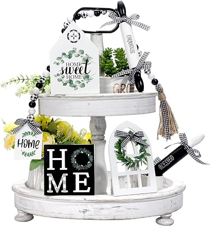 Photo 1 of 6 Pieces Farmhouse Tiered Tray Decor Bundle Home Farmhouse Items Signs Set Rustic Farmhouse Mini Rolling Pins Farmhouse Black and White Buffalo Beaded Garland for Home Kitchen Shelf (Classic Style)