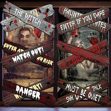 Photo 1 of 12 Packs Halloween Window Boards Beware Signs Yard Warning Signs Scary Halloween Haunted House Decor Yard Signs for Halloween Decoration Outdoor Lawn Sidewalk Window