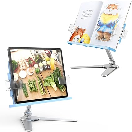 Photo 1 of Book Holder, Inifispce Book Stand for Reading, Adjustable Height&Angle Aluminum Cookbook Stand for Kitchen Office School, Desk Book Holder for B6-A4 Books, 7-13" Tablets Hands Free (Blue)
