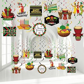 Photo 1 of 60 Pieces Happy Kwanzaa Hanging Decorations, Kwanzaa Swirl Ceiling Decorations African Holiday Ceiling Whirl Spirals Foil Kwanzaa Themed Swirls Garland for Kwanzaa Celebration Party Supplies
