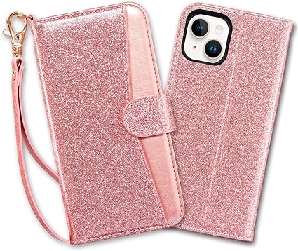 Photo 1 of Coolwee Compatible iPhone 14 Wallet Case Flip Cover Folio with Card Slots Kickstand Design Wrist Strap Girls Women Glitter PU Leather Compatible with Apple iPhone 14 Rose Gold Pink
