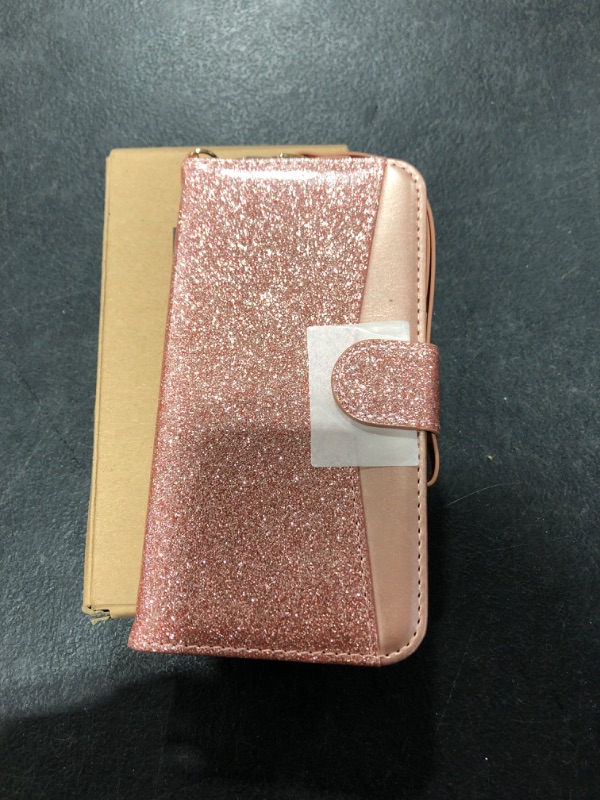 Photo 2 of Coolwee Compatible iPhone 14 Wallet Case Flip Cover Folio with Card Slots Kickstand Design Wrist Strap Girls Women Glitter PU Leather Compatible with Apple iPhone 14 Rose Gold Pink
