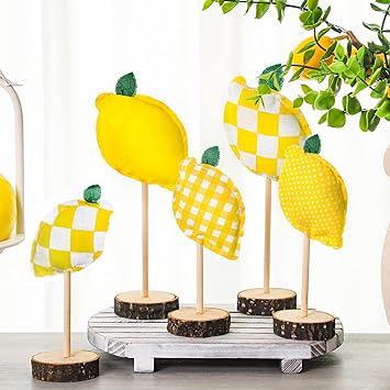 Photo 1 of 5 Pcs Lemon Wood Sign Fabric Lemon Standing 3D Rustic Summer Tiered Tray Decor Freestanding Table Centerpiece Yellow Plaid Home Decor for Summer Party Farmhouse Fireplace Mantel Decoration Crafts
