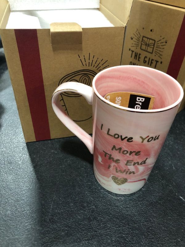 Photo 1 of "I Love You More The End I Win" Pink Marble Ceramic Mug