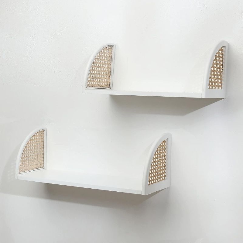 Photo 1 of [PJ Collection] Decorative Wooden Wall Shelf with Rattan, Set of 2, Floating Shelves, Wall Mount, Wall Shelf, Rustic Wood Wall Storage Shelves, Sturdy Floating Shelves (White)…
