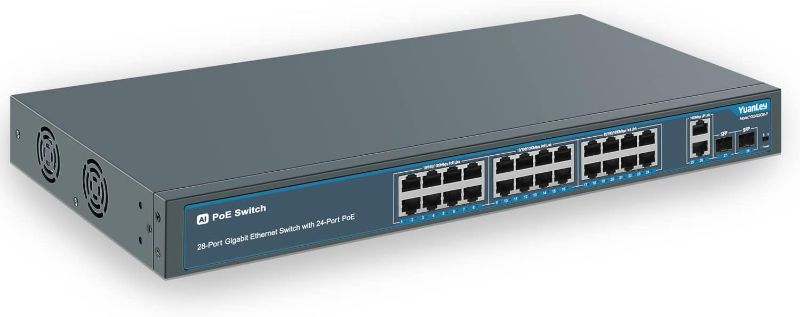 Photo 1 of 24 Port Gigabit Ethernet PoE Switch with 2 Uplink Gigabit Port & 2 SFP Port, YuanLey Unmanaged 24 Port PoE+ Network Switch, Rackmout, Build in 400W Power, Support 802.3af/at, Plug and Play
