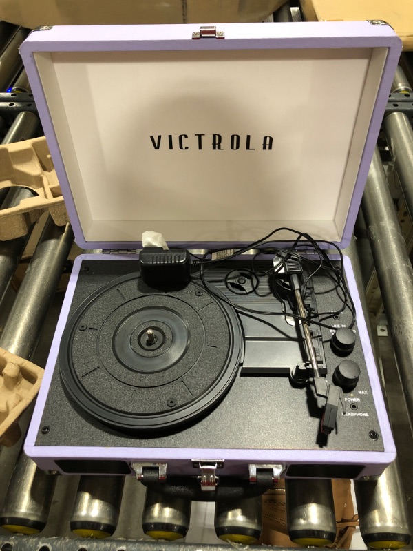 Photo 2 of Victrola Vintage 3-Speed Bluetooth Portable Suitcase Record Player with Built-in Speakers | Upgraded Turntable Audio Sound | Lavender (VSC-550BT-LVG) Lavender/Silver Record Player