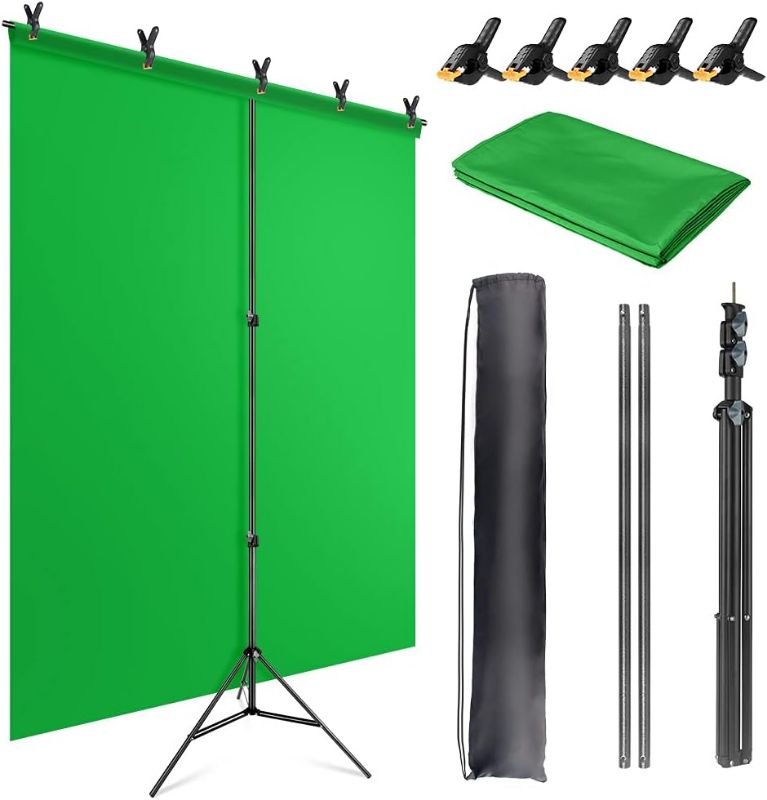 Photo 1 of JEBUTU 5X6.5ft Green Screen Backdrop with Stand Kit with T-Shape Background Support Stand, Portable Green Screen Stand Kit with Carrying Bag & 5 Spring Clamps for Zoom, Video, Streaming
