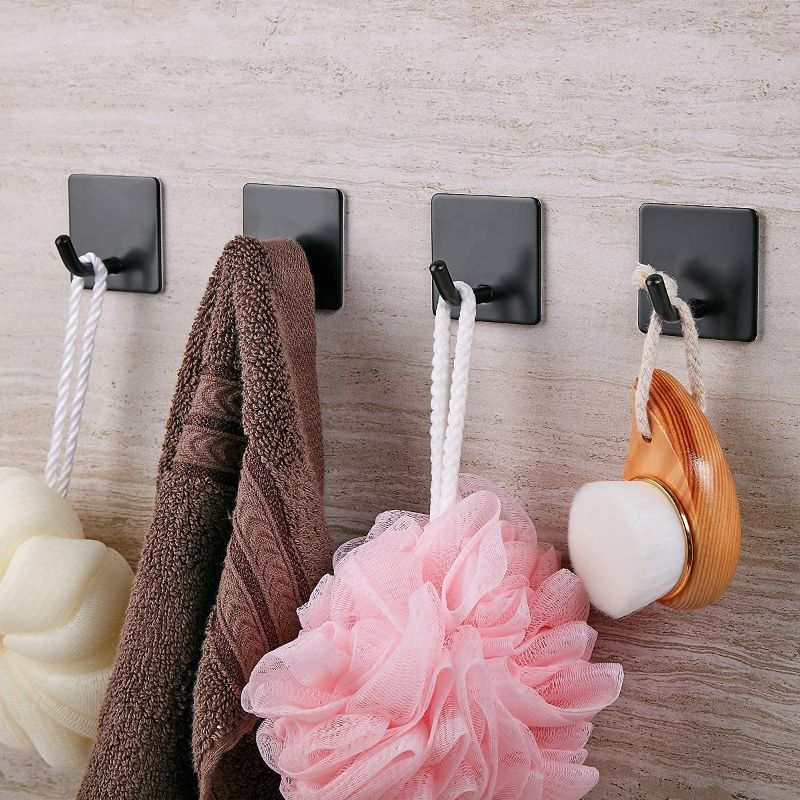 Photo 1 of 2 Pack - TKMENGY Self Adhesive Hooks, Stick on Hooks Holder for Tea Towel Robe Coat Kitchen Bathrooms,Stainless Steel Sticky Wall Hooks,Waterproof and Rustproof, 4 Pack (Black)