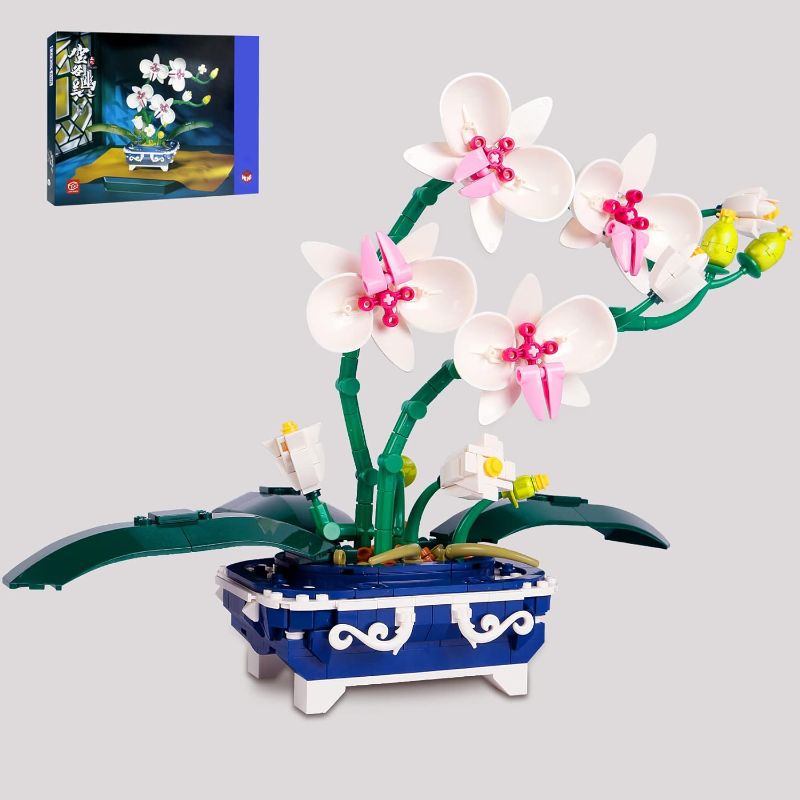 Photo 1 of 574PCS Orchid Flowers with Pot Bouquet Building Blocks, Creative Orchid Bonsai Building Blocks, Best Valentines or Birthday Gift for 6+ Kids or Adults