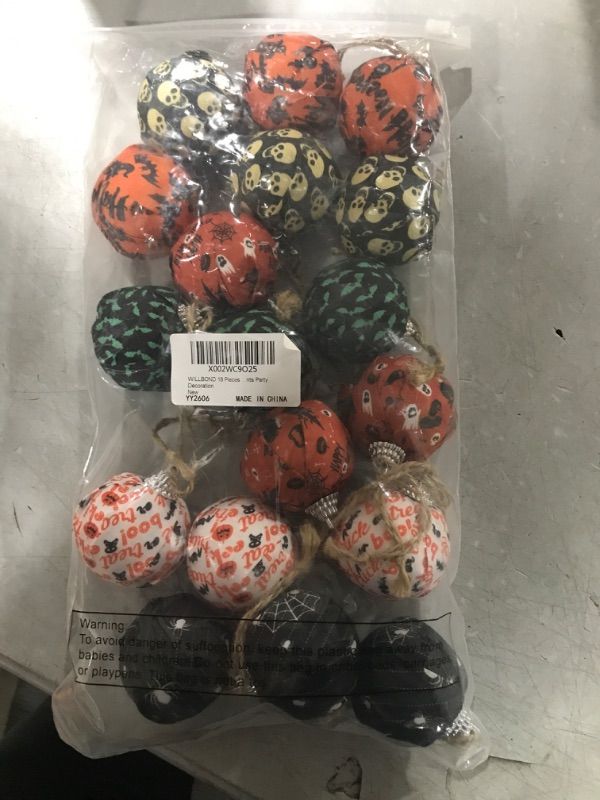 Photo 1 of 18 Pieces Halloween Tree Ornaments Hanging Balls Fabric Wrapped Pumpkins Skull Ghost Ball Hanging Halloween Ornament Tree Decorations for Halloween Wreath Ornaments and Party Decoration