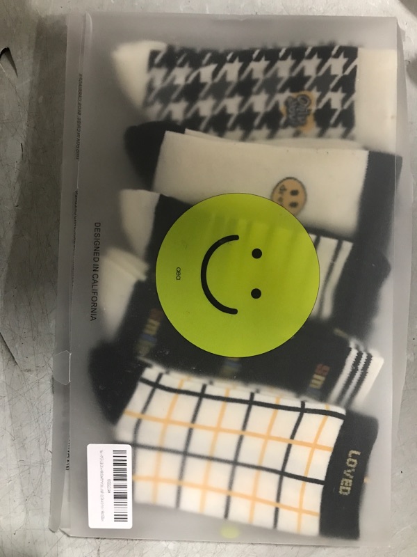 Photo 2 of AMYETAILEEN Smile Crew Women 5pairs Socks - Checkered Happy Neutral Girls Fun Warm Cozy cotton Casual Fuzzy Canvas 5-8 White & Black