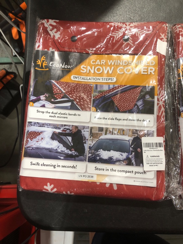 Photo 2 of EcoNour Car Windshield Snow Cover for Car Decor | Tough 600D Polyester Fabric Windshield Snow Cover | Water & Sag-Proof Christmas Car Accessories for Ice Removal | Standard (69 x 42 inches) Red Snowflakes