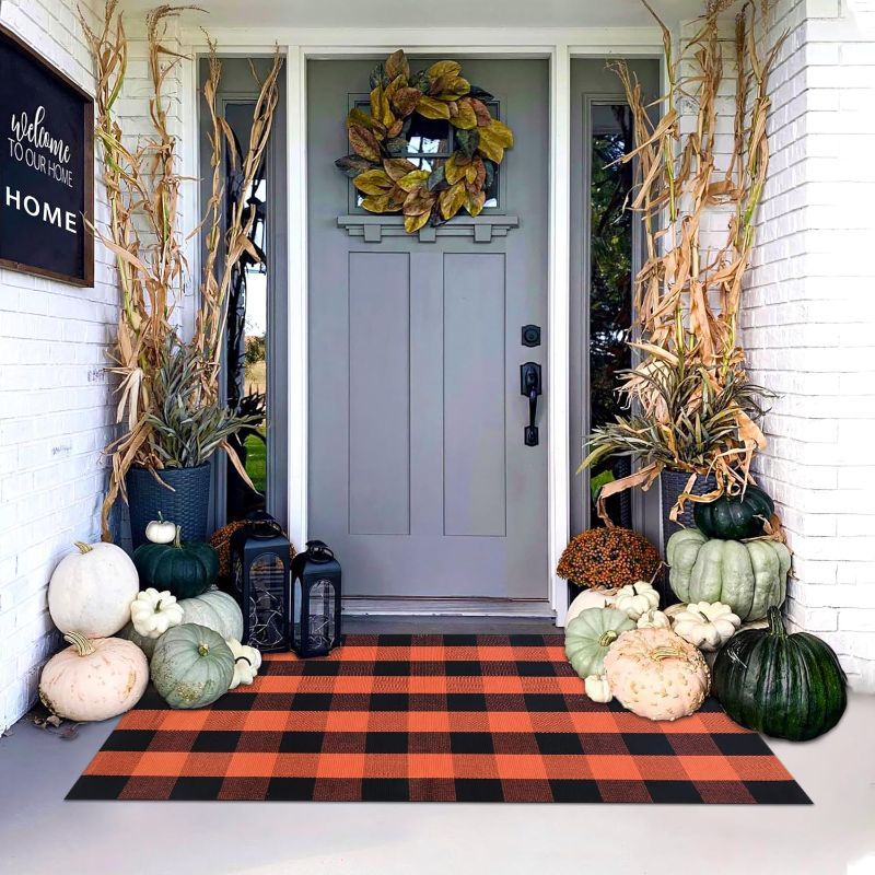 Photo 1 of Orange and Black Plaid Rug, 3' x 5' Fall Outdoor Front Door Decor Mat, Cotton Washable Hand-Woven Rug for Layered Doormat, Autumn Halloween Thanksgiving Carpet for Porch, Entryway