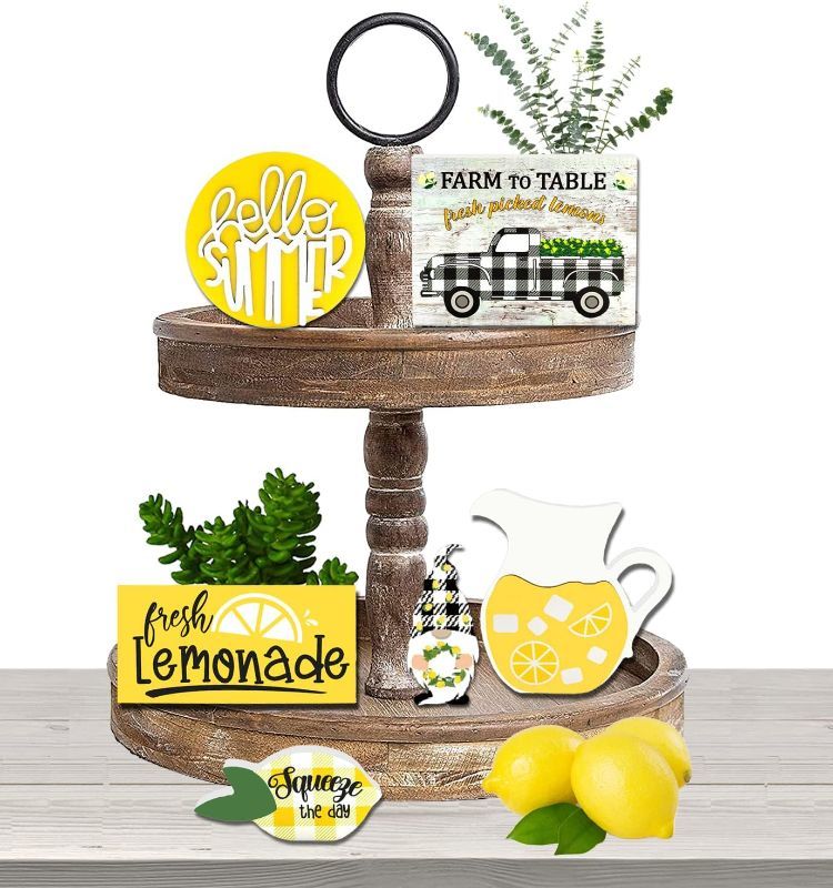 Photo 1 of 6 Pieces Fresh Lemon Wooden Tiered Tray Decor Rustic Farm Decoration Lemon Gnome Wooden Sign Lemon Cup Hello Summer Wooden Decor for Summer Rustic Farmhouse Kitchen Trays Decor
