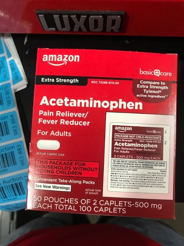 Photo 2 of Amazon Basic Care Extra Strength Acetaminophen Caplets 500 mg, Pain Reliever and Fever Reducer, 50 Pouches of 2 Caplets Each, Total 100 2 Count (Pack of 50) Extra Strength