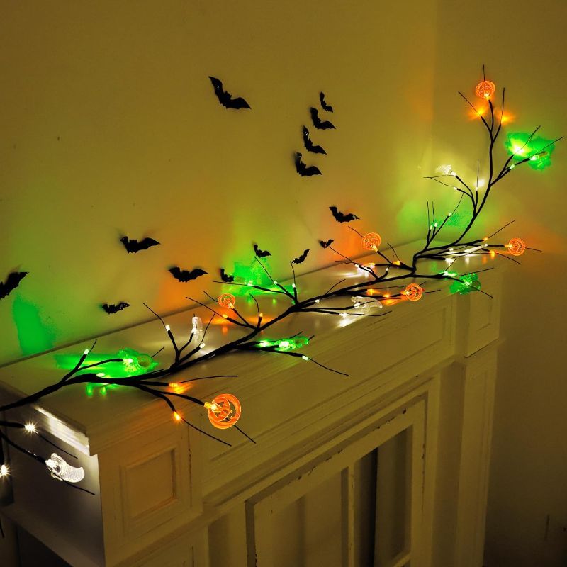 Photo 1 of [Timer & 8 Modes] 6 Ft 54 LED Halloween Willow Vine Twig Decorations Halloween Garland Ghost Spider Pumpkin Lights, Waterproof Battery Operated Halloween Lights Decorations Indoor Home Wall Fireplace
