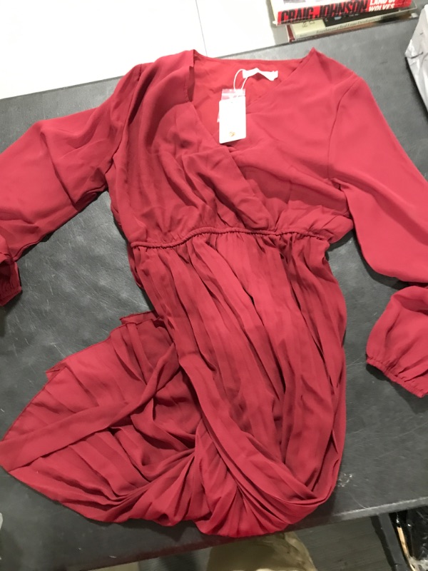 Photo 2 of BBX Lephsnt Women's 2023 Casual Wedding Guest Midi Dress V Neck Long Sleeve Pleated Ruffle Flowy Belted Cocktail Dress Wine Red Small