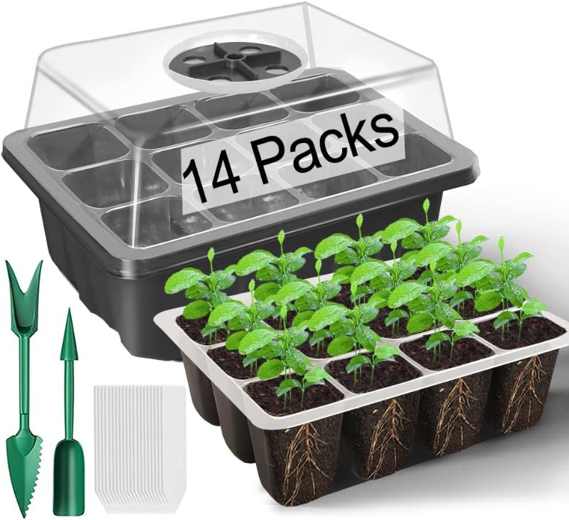 Photo 1 of 14 Packs Seed Starter Tray, 168 Cells Total Tray, Seed Starting Kit with Adjustable Humidity Dome and Base Plant Starter Kit Mini Greenhouse Germination Kit with 2 Garden Tools and 20 Plant Labels
