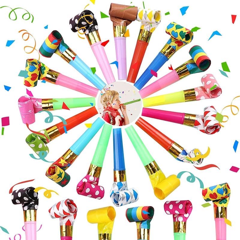Photo 1 of 30 Pieces Party Blower,Colourful Noisemakers Party Blowouts Whistles Party Squawkers Fringed Noise Maker,Birthday Noisemakers Birthday Blow Horns Party Whistles New Years Party Noisemakers
