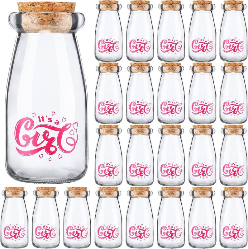 Photo 1 of 24 Pieces It's a Girl Baby Shower Bottles 100 ml Pink Milk Jar Decorative DIY Glass Candy Jars with Cork Lids Vintage Milk Favors for Girl Shower Gender Reveal Party Decor Guests Souvenir Centerpiece 