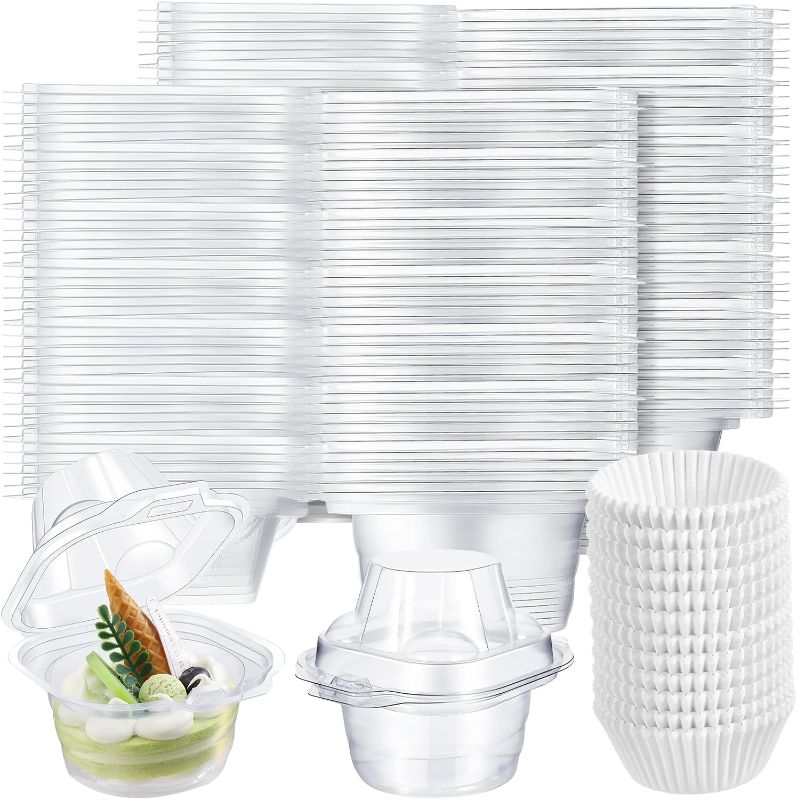 Photo 1 of 200 Pcs Individual Cupcake Containers Bulk Included 200 Pcs Single Cupcake Boxes and 200 Pcs Cupcake Liners Clear Plastic Cupcake Holders with Airtight Deep Dome Lid for Home Wedding Baking Party 