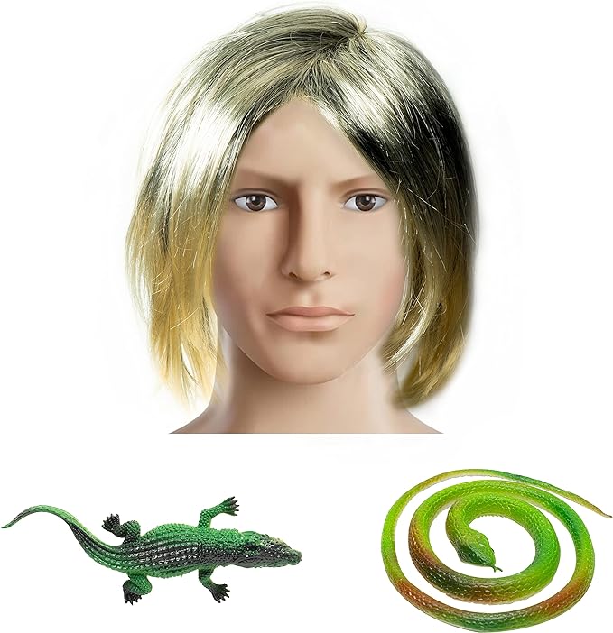 Photo 1 of Andi Cppss 3PCS Halloween Safari Man Costume Accessories, Safari Hunter Costume for Kids and Adults, Australian Hunter Costume for Halloween, Safari Man Costume Set with Wig, Snake, Crocodilian Toy
