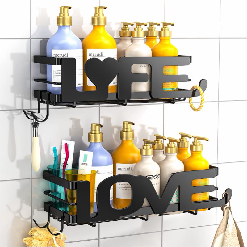 Photo 1 of 2 Pack Shower Caddy with 4 Hooks, Adhesive Shower Organizer, Heavy Duty Shower Shelf for Bathroom, SUS304 Rust Proof Shower Rack for Shower Storage (LOVE & LIFE), Black