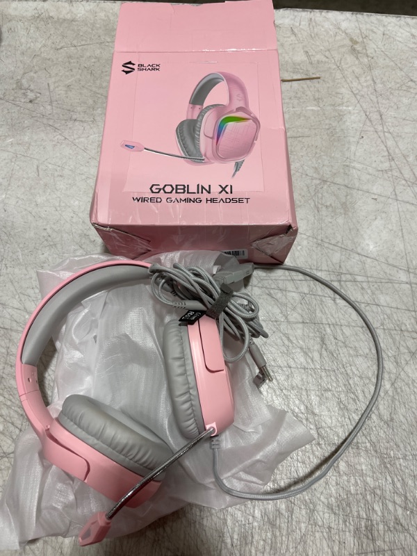 Photo 2 of Black Shark Gaming Headset, Noise Cancelling Wired 3.5mm Gamer Headphones with Microphone, LED Light, Over Ear Soft Memory Earmuffs for PS4 PS5 PC Xbox One Switch Pink