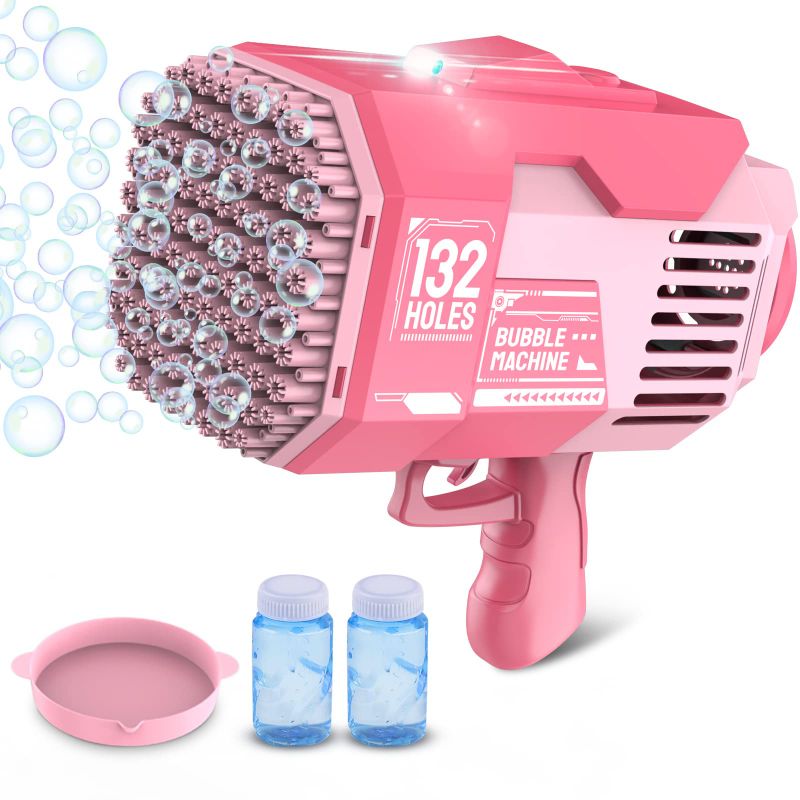 Photo 1 of 132 Holes Bubble Gun Machine - Rocket Bubbles Blaster With Led Lights Summer Idea Gifts Toys For Kids Boys Girls 3 4 5 6 7 8 9 10 11 12 Years Old (Pink) 132 Holes Pink