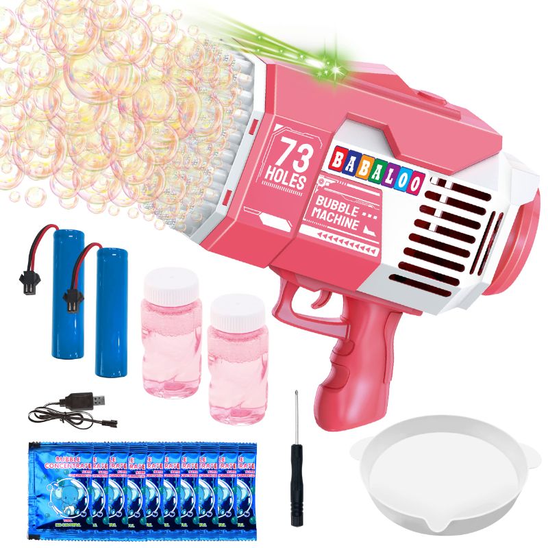 Photo 1 of BABALOO Bubble Gun -73 Holes Pink| Bubble Bazooka| Bubble Machine For Kids Gift| Bubble Machine For Parties| Bazooka Bubble Machine Gun For Birthday |Rocket Bubble Gun -2 Batteries- 1 Screwdriver Set