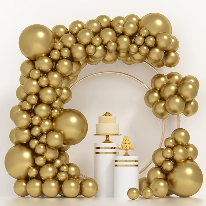 Photo 1 of AJOYEGG Chrome Gold Balloons Garland, 100 PCS 5+12+18inch Metallic Gold Balloon Different Sizes Latex Party Balloon Arch for Birthday Graduation Baby Shower Wedding Decoration pack of 2 