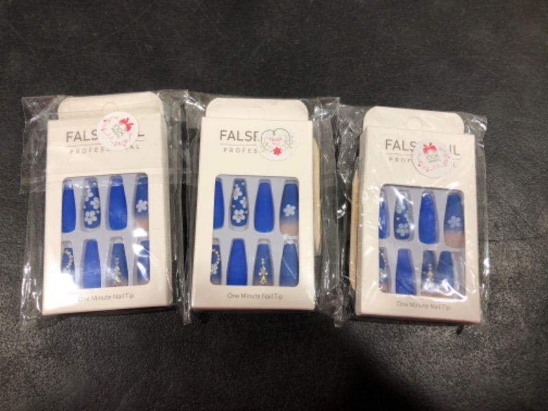 Photo 2 of 3 PACK- Press on Nails,Coffin Fake Nail Tips,Nail Kit with Nail Glue Mini File, Manicure Stick, and 24 Fake Nails, Pre-shaped Nail Tips Full Cover False Gel Nail Tips for Nail Extensions (blue flower)
