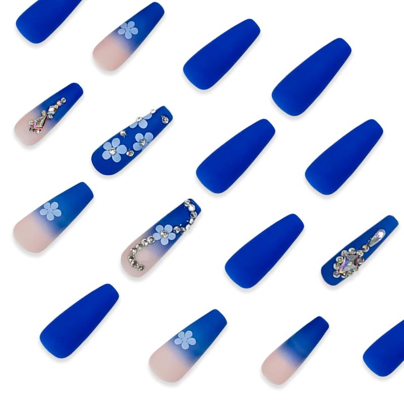 Photo 1 of 3 PACK- Press on Nails,Coffin Fake Nail Tips,Nail Kit with Nail Glue Mini File, Manicure Stick, and 24 Fake Nails, Pre-shaped Nail Tips Full Cover False Gel Nail Tips for Nail Extensions (blue flower)
