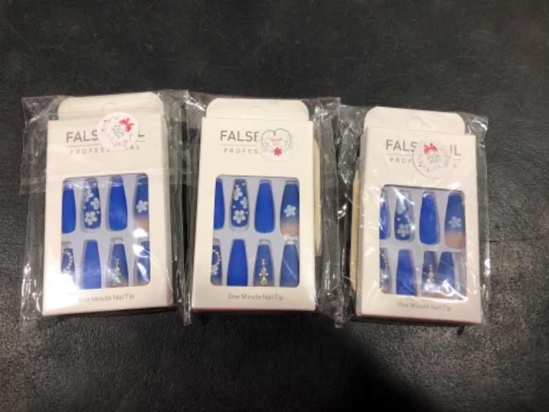 Photo 1 of 3 PACK- Press on Nails,Coffin Fake Nail Tips,Nail Kit with Nail Glue Mini File, Manicure Stick, and 24 Fake Nails, Pre-shaped Nail Tips Full Cover False Gel Nail Tips for Nail Extensions (blue flower)
