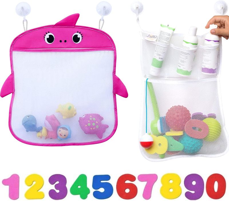 Photo 1 of Bath Toy Storage Set of 2 + 10 Eco-Safe Foam Numbers | Bath Toy Organizer Mesh Net Shower Caddy for Baby Bath Toys for Toddlers | Quick Dry Bathroom Decor Bath Toy Holder
