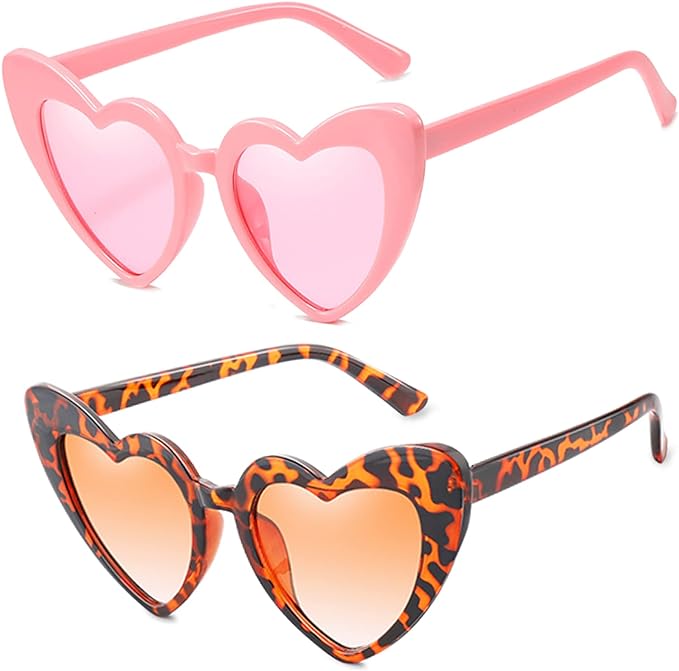 Photo 1 of AOOFFIV Heart Shape Sunglasses Rimless Transparent Candy Color Heart Glasses Love Eyewear Party Favors(8805-double pink+Leopard print)